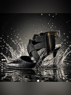 Michael Kors Black Strappy Zip-Heel Sandals with Gold Accent